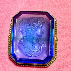 VTG CZECH Art Deco BLUE STAR Art Glass BROOCH 1920’s. Cameo of a lady’s profile.